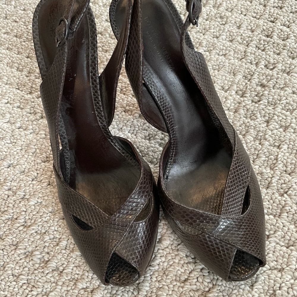 Bottega Veneta dark brown leather peep toe heels